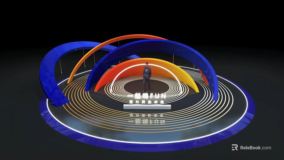 Wayfinding Structure With Colorful Curved Arches Circular Platform And Central Person 3d model 
