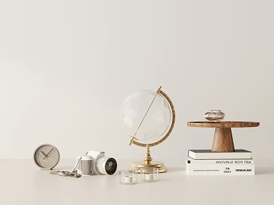 Modern Decorative Ornament Set With Globe Camera Clock Wooden Tray Small Boat And Books 3d model