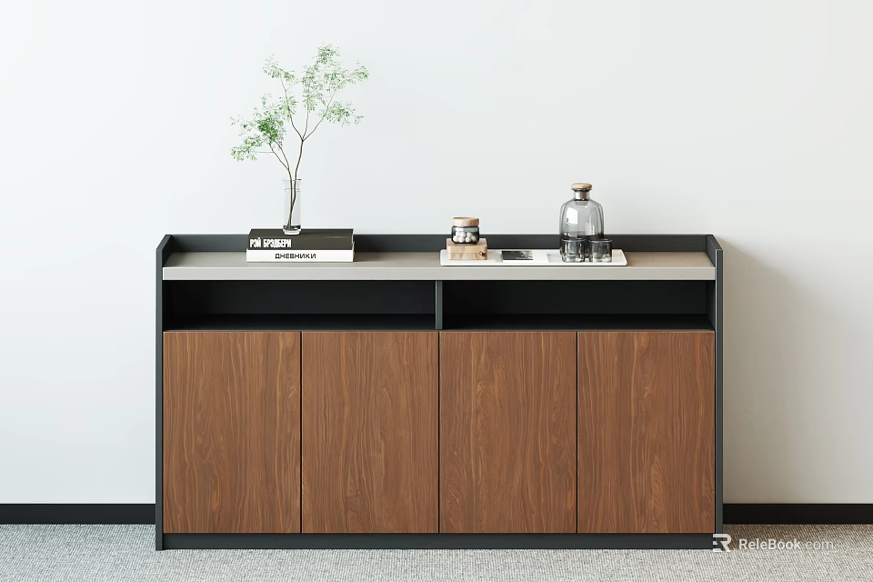 Modern Walnut Entryway Cabinet Sideboard With Decorative Plant And Storage Doors 3d model 