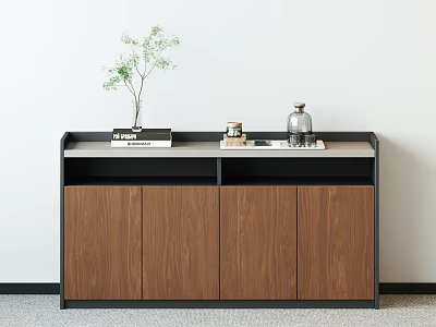 Modern Walnut Entryway Cabinet Sideboard With Decorative Plant And Storage Doors 3d model