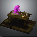 Wooden Table On Platform With Pink Object Cutting Board Knife Small Jars And Yellow Butter
