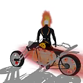Game Movie Character With Flaming White Skull Black Outfit Orange Accents And Motorcycle