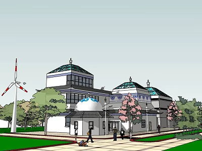 Traditional Ancient Architecture With Green Tiled Roofs White Walls Windmill And Pink Flower Trees 3d model