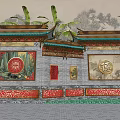 Chinese Traditional Scenic Wall With Red Gold Fu Character And Traditional Carvings