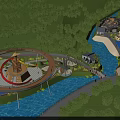 Scenic Amusement Park With River Trees Observation Tower Bridge And Green Area