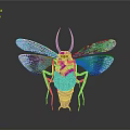Vibrant Insect with Colorful Shiny Wings Horned Antennae and Net Like Body on Gray Background
