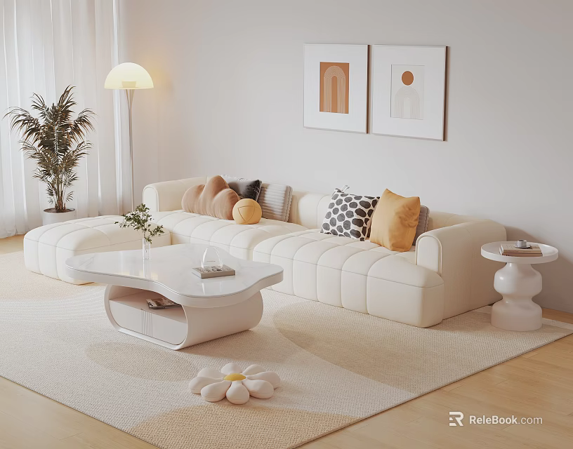 Beige Sectional Sofa With Colorful Pillows Coffee Table And Floor Lamp In Living Room 3d model 