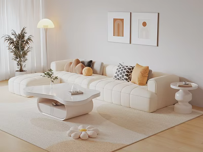 Beige Sectional Sofa With Colorful Pillows Coffee Table And Floor Lamp In Living Room 3d model