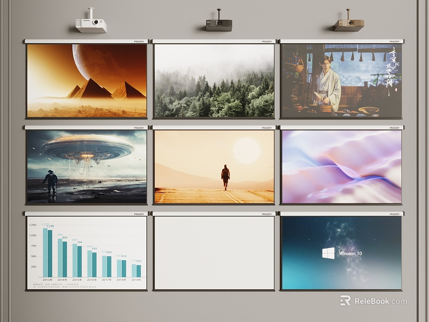 Projection Monitoring System With Multiple Screens On Wall Showing Various Content Displays 3d model 