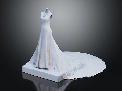 Elegant White Sleeveless Wedding Dress With Long Train On Display Stand 3d model