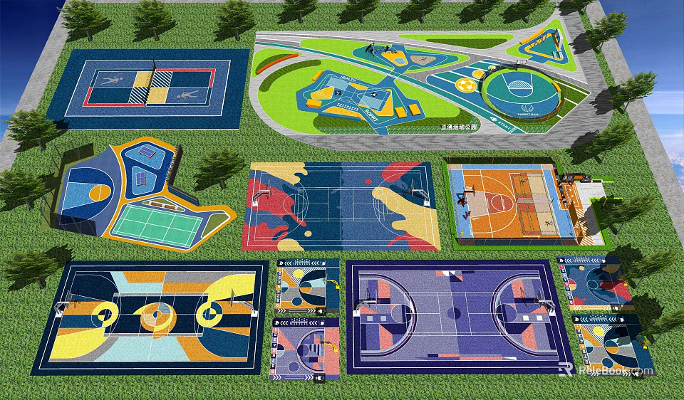 Colorful Sports Court Design Layouts Including Basketball Tennis And Playground Areas 3d model 