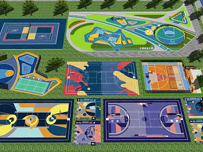 Colorful Sports Court Design Layouts Including Basketball Tennis And Playground Areas 3d model