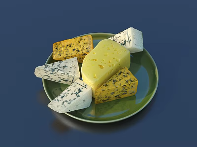 Various Types of Cheese with Different Textures and Colors on Green Plate 3d model