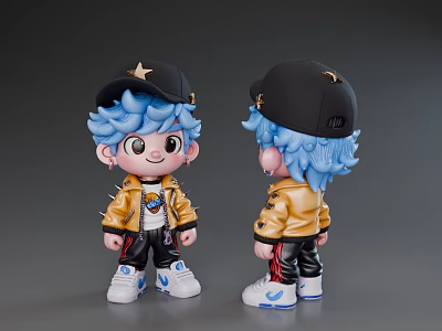Game Movie Character Design With Blue Hair Black Star Hat Yellow Jacket White Blue Shoes 3d model