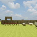 Large Outdoor Maze Amusement Equipment With Stone Paths Colorful Flags And Grassland Surrounding