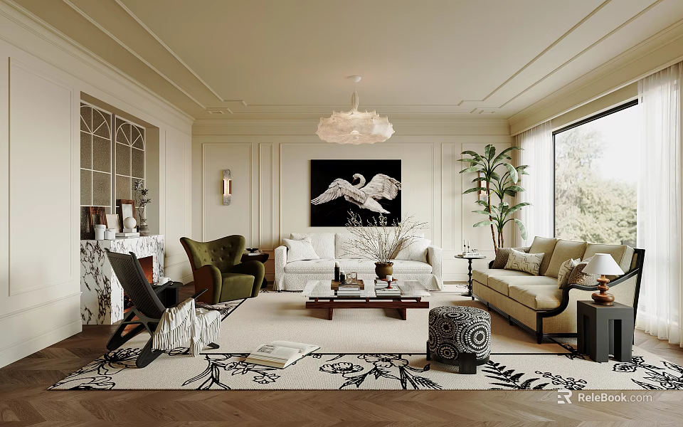 Stylish Living Room Interior Design With Sofa Set Chandelier Artwork And Area Rug 3d model 