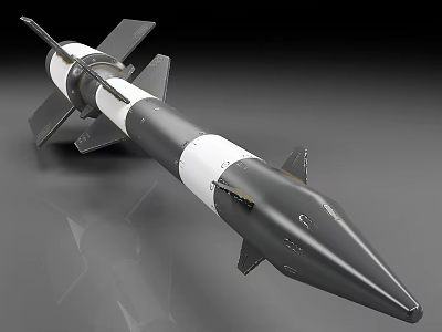 Military Missile Weapon 3D Model With Black White Body Conical Nose And Stabilizing Fins 3d model