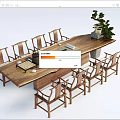 Natural Wooden Tea Table And Chairs With Tea Set And Potted Plant