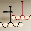 Poliform Modern Wave Shaped Chandelier With Black Red Frame And White Spherical Bulbs
