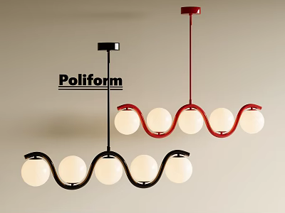 Poliform Modern Wave Shaped Chandelier With Black Red Frame And White Spherical Bulbs 3d model