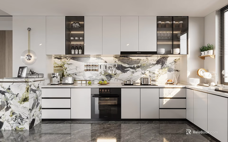 Modern Kitchen Interior Design With White Cabinets Marble Backsplash Countertop And Appliances 3d model
