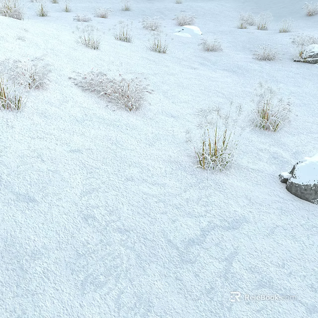 Scenic Winter Landscape With Snow Covered Ground And Frosted Grass Around A Snowy Rock 3d model 