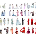 Group of People in Traditional Ancient Costumes with Various Styles and Colors