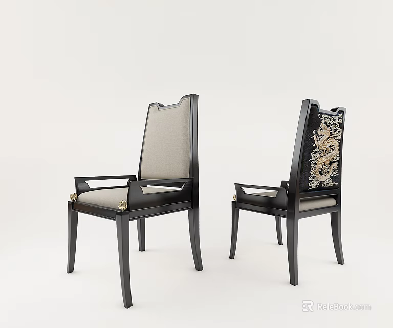 Elegant Accent Chairs With Black Frame Light Backrest And Golden Dragon Embroidery 3d model 