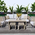 Outdoor Sofa Seating Area With Wooden Furniture And Lush Greenery On Terrace