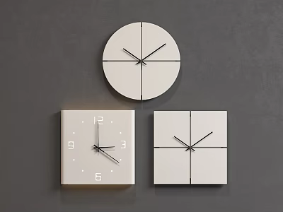 Modern White Wall Clocks with Round and Square Designs on Grey Background 3d model
