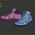 White High Top Sneakers With Yellow And Blue Laces And Circular Black Logo