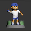 Game Movie Character Wearing Blue Hat White T-shirt Holding Blue Object on Green Grass Base