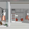Stylish Clothing Store Front With Window Display Mannequins Shelves And Red Chairs