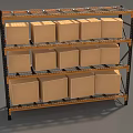 Industrial Display Shelves with Multiple Tiers Holding Stacked Cardboard Boxes for Organized Storage