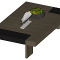 Modern Coffee Table With Dark Surface Black Bowl Green Plants And White Tray