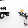 Modern Bat Shaped Black Wall Cabinets with Batman Logo Clock and Decorative Items
