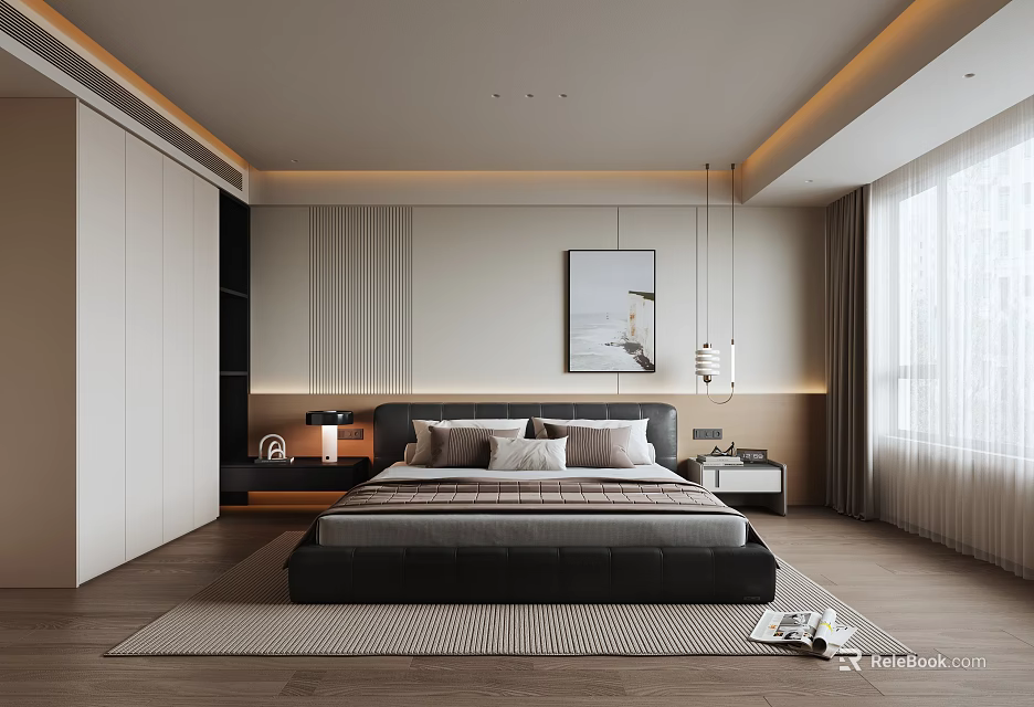 Modern Bedroom Interior Design With Large Bed Wardrobe Nightstands Pendant Lights And Rug 3d model 