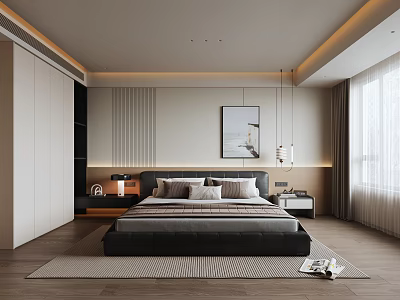 Modern Bedroom Interior Design With Large Bed Wardrobe Nightstands Pendant Lights And Rug 3d model