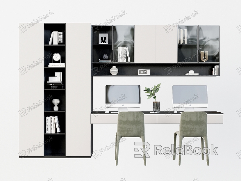 Study Bookcase Bookshelf Display Cabinet Bedroom Bookcase Desk and Chair Decorative Cabinet Books Book Ornaments model