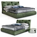 Green Upholstered Double Bed with Tufted Headboard Gray Blue Bedding and Pillows 3d model