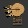 Fresh Tree Stump Display With Axe And Chopped Wood Logs On Dark Background