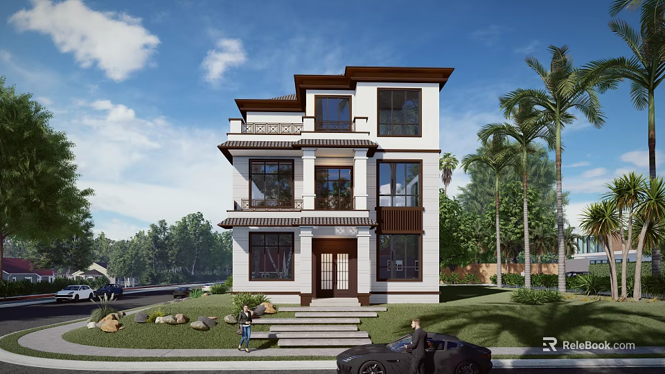 Modern Three Story Detached Villa Exterior With Lush Greenery And Palm Trees 3d model 