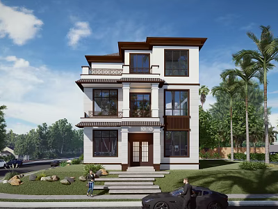 Modern Three Story Detached Villa Exterior With Lush Greenery And Palm Trees 3d model
