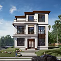 Modern Three Story Detached Villa Exterior With Lush Greenery And Palm Trees