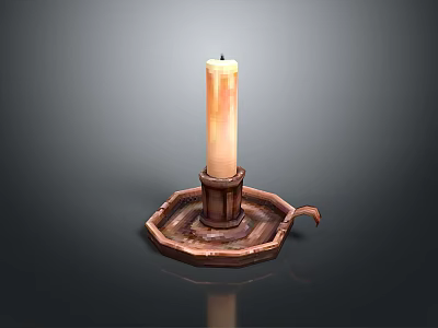 Decorative Copper Candle Holder With Lit Beige Candle And Tray Handle For Home Decor 3d model