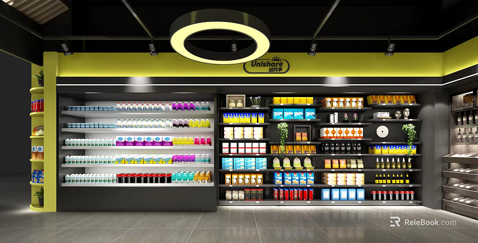 Spacious Modern Supermarket Interior With Shelves Stocked With Beverages Snacks And Food Items 3d model 