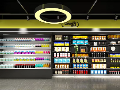 Spacious Modern Supermarket Interior With Shelves Stocked With Beverages Snacks And Food Items 3d model