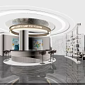 Stylish Modern Sales Office Interior With Curved Reception Counter And Circular Ceiling Lighting Marble Flooring