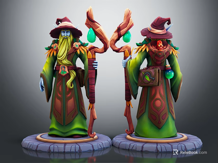 Wizard Characters With Green Robes Pointed Hats Magic Staffs And Glowing Gems On Stone Bases 3d model 