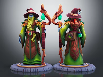 Wizard Characters With Green Robes Pointed Hats Magic Staffs And Glowing Gems On Stone Bases 3d model